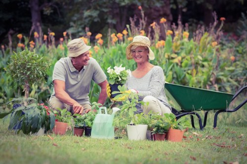 Low-maintenance landscaping in Eltham with mulch, shrubs, and outdoor seating